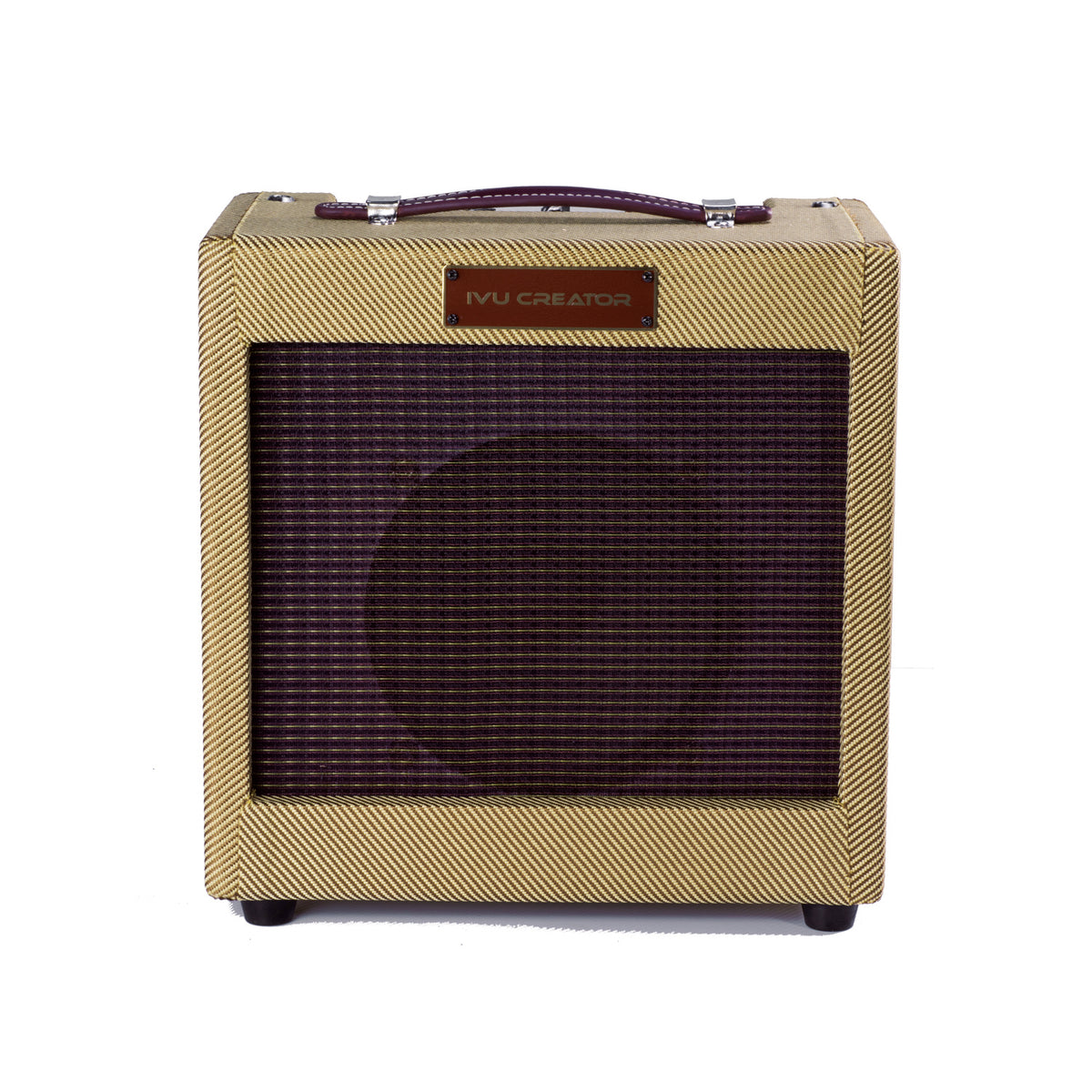 IVU Creator Oxblood GTA-5 5W tube guitar amp front view with lacquered tweed cabinet