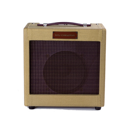 IVU Creator Oxblood GTA-5 5W tube guitar amp front view with lacquered tweed cabinet