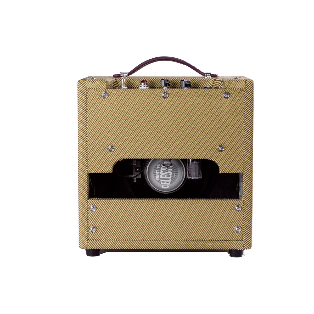 Rear view of IVU Oxblood GTA-5 with 8-inch Celestion Eight 15 speaker and tube chassis