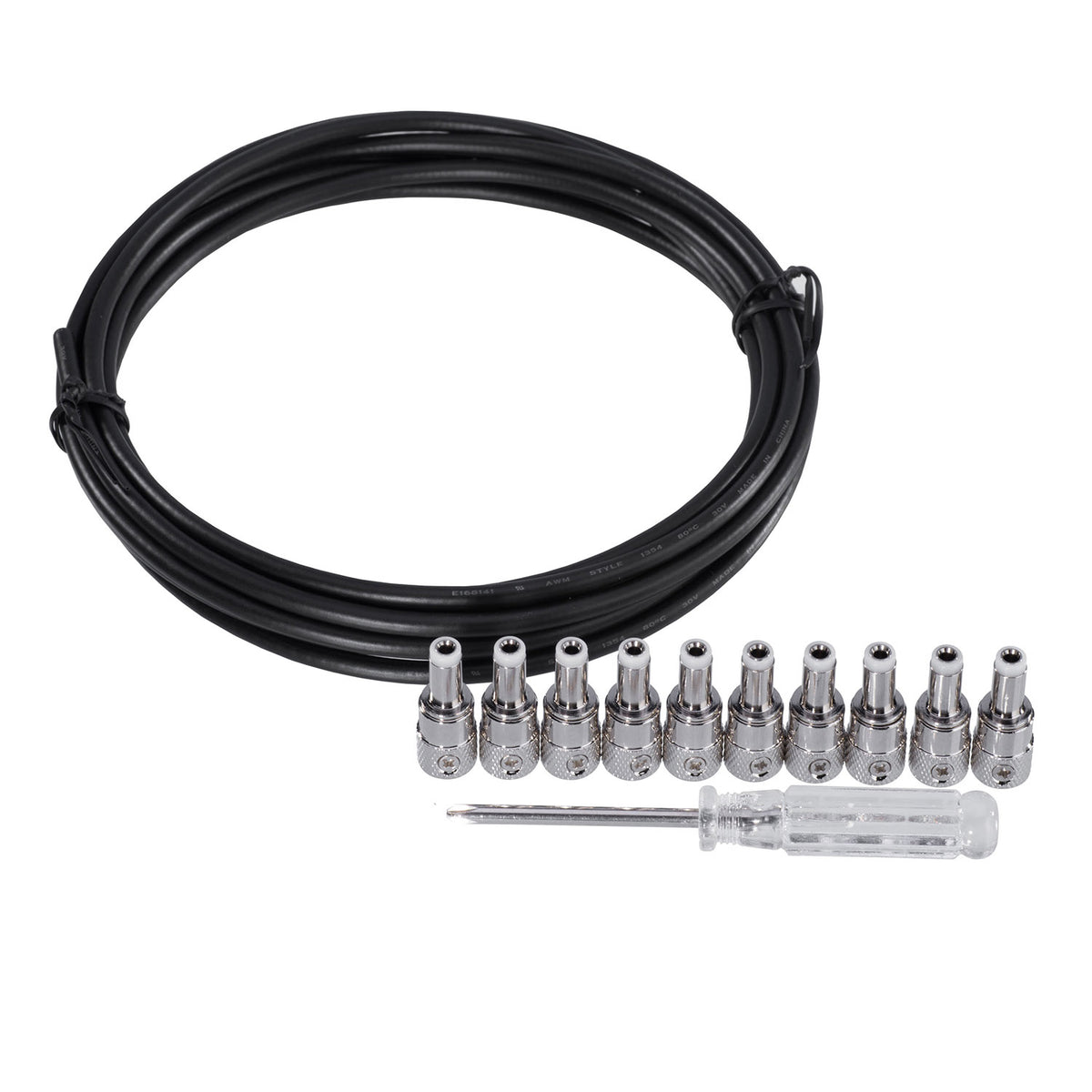 IVU POK-03 solderless DC cable components with black wire, compact plugs and screwdriver