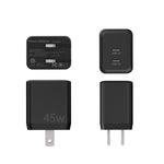 IVU Creator SIPA-45W dual-USB-C power adapter shown from front, back and side angles