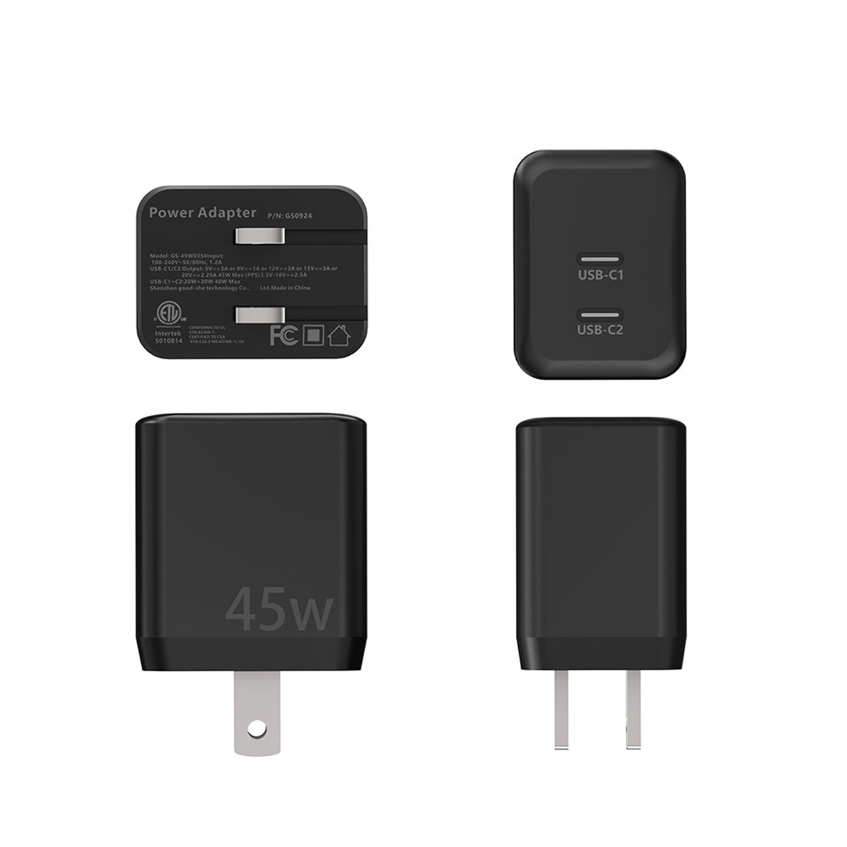 IVU Creator SIPA-45W dual-USB-C power adapter shown from front, back and side angles