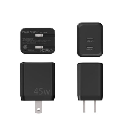 IVU Creator SIPA-45W dual-USB-C power adapter shown from front, back and side angles