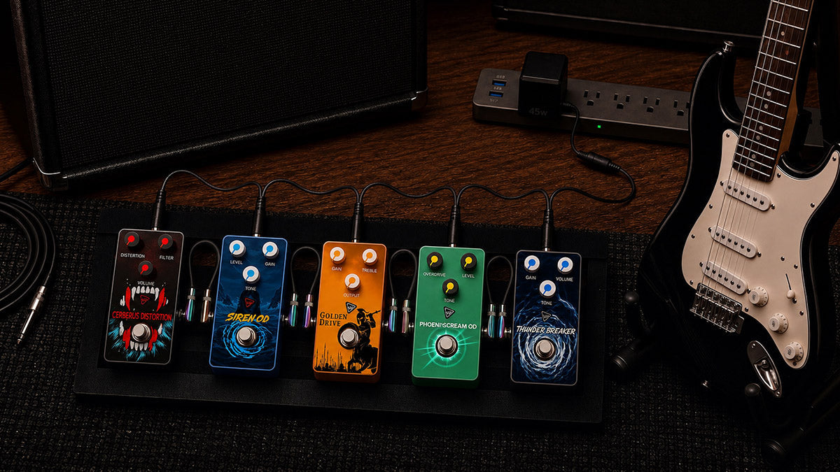 Five guitar effects pedals powered on a pedalboard with the SIPA-45W adapter